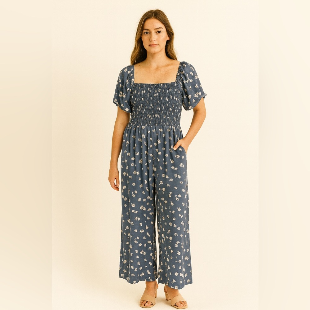 Inspired Hearts Blue Floral Smocked Wide Leg Jumpsuit